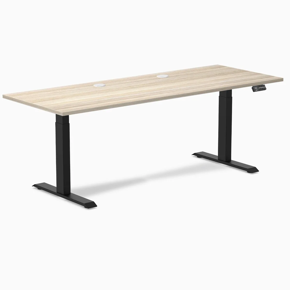 Desky Desky Dual Laminate Sit Stand Desk Classic Oak 78.7 x 29.5 in Matte Black Grommets — product photo