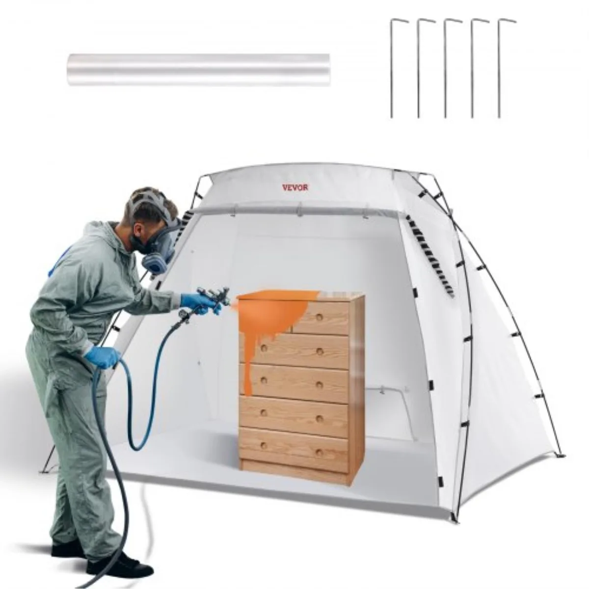 White rectangular paint booth tent with mesh screen and built-in floor, fiberglass frame visible