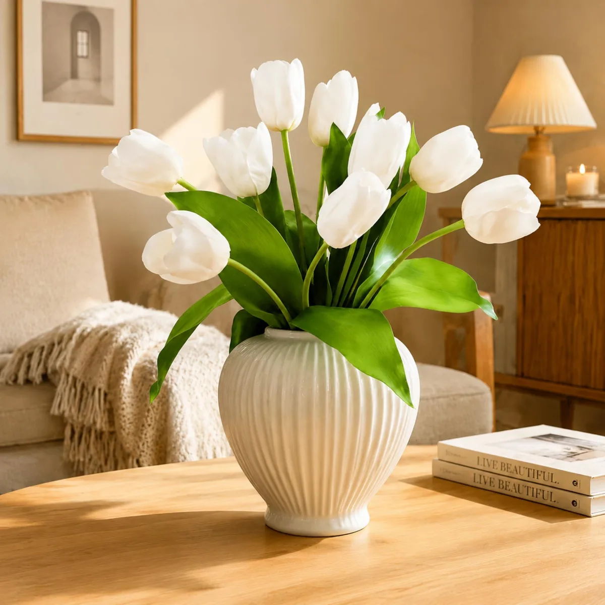 White silk tulip bouquet with ten bendable stems in a box