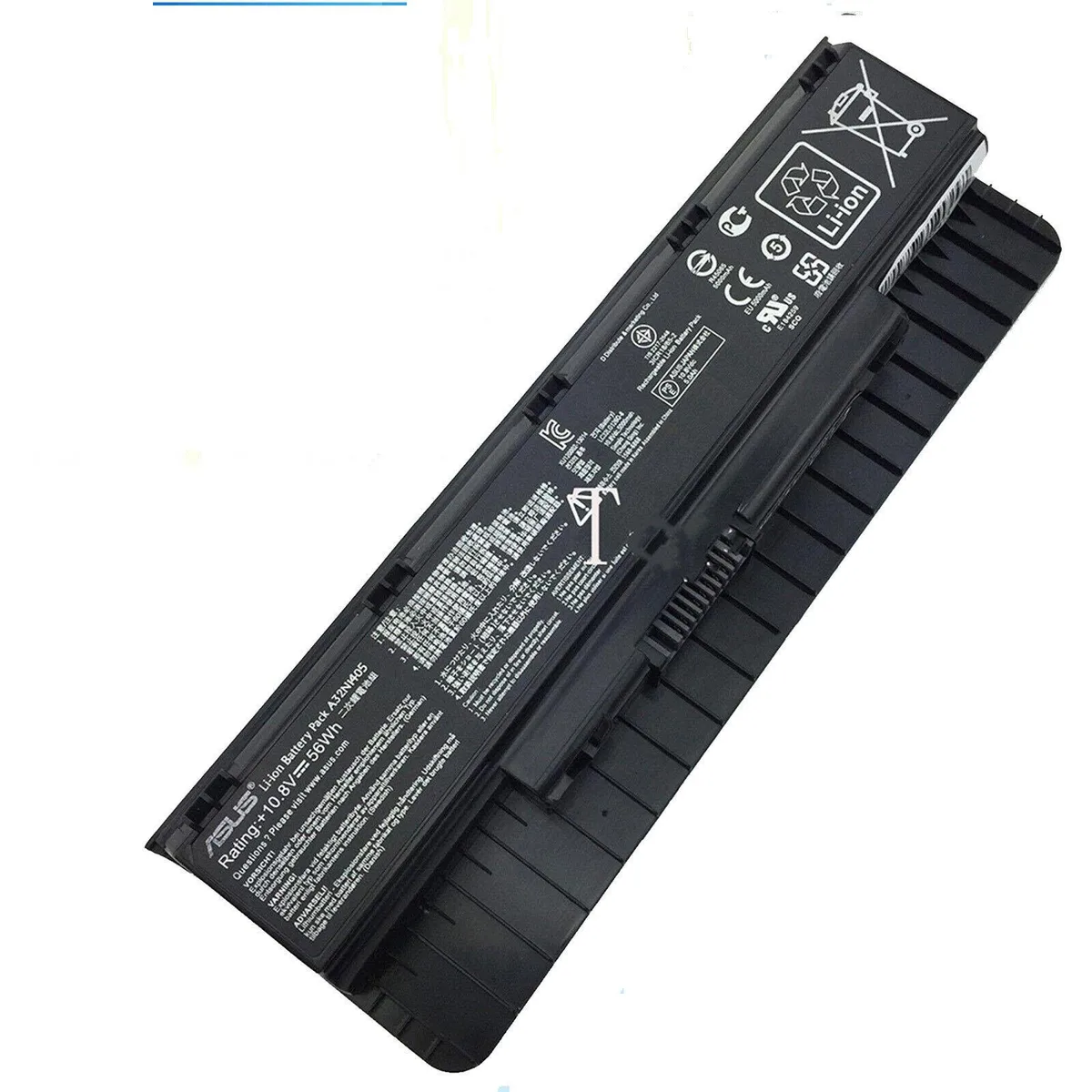Rectangular black lithium-ion laptop battery with six cells