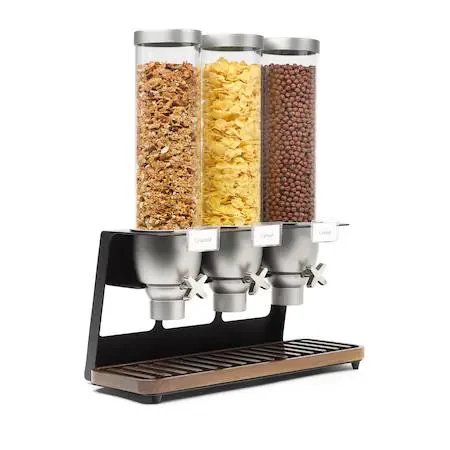 Three clear cylinders on a walnut tray with a steel frame
