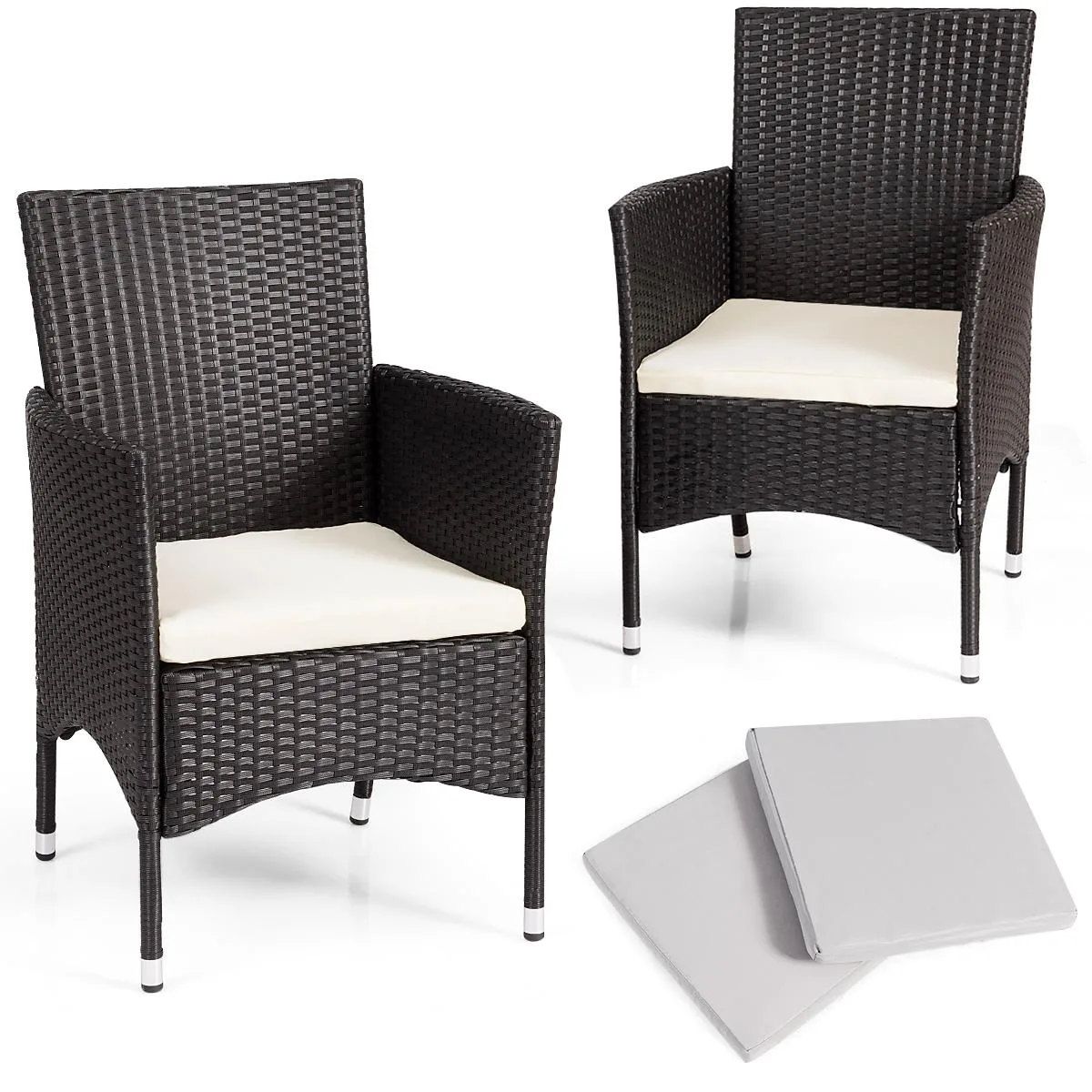 Costway Costway 2PC Patio Rattan Wicker Dining Chairs Black White Cushions Patio Furniture — product photo