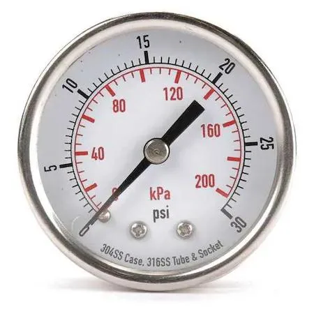 Value Brand Value Brand 4FMU7 Commercial Pressure Gauge 0 to 30 psi 2 in Dial 1/4 in — product photo