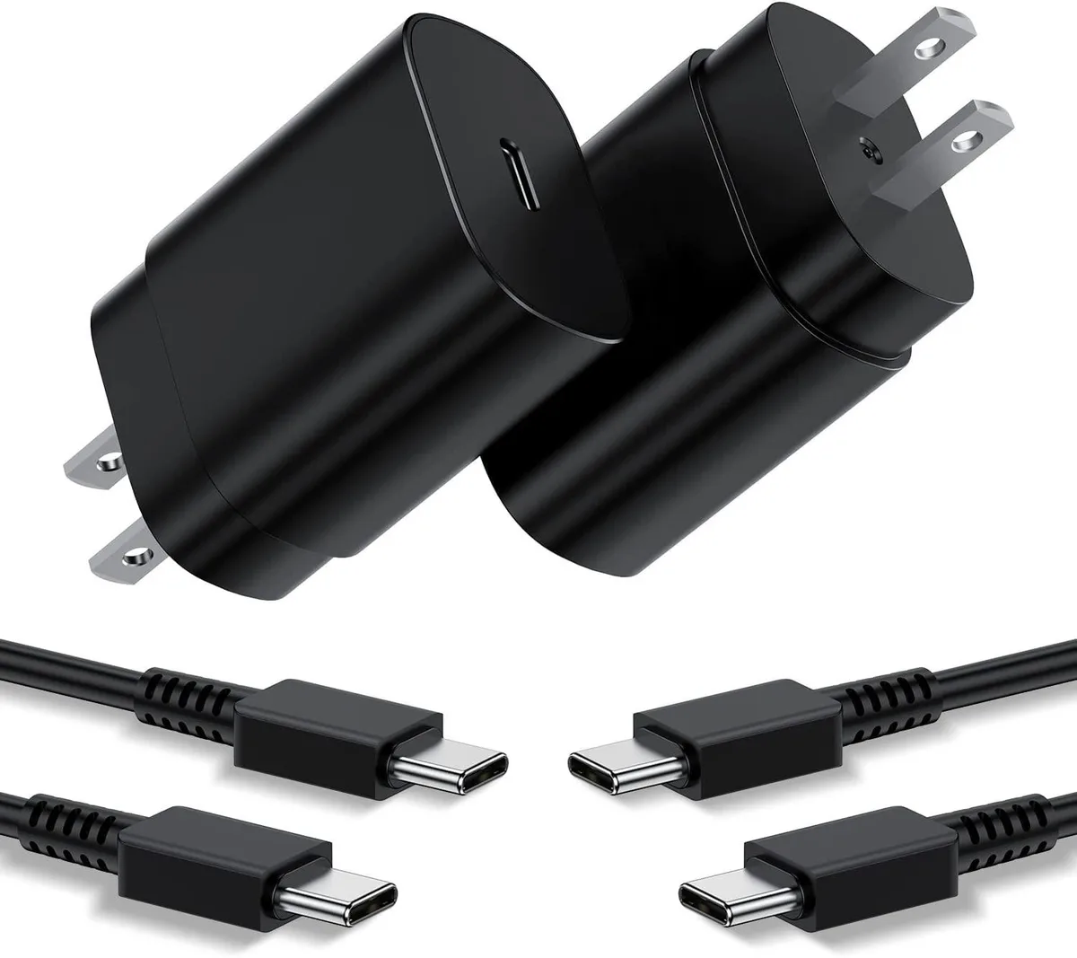 Two white USB-C wall chargers with two long white cables coiled beside them