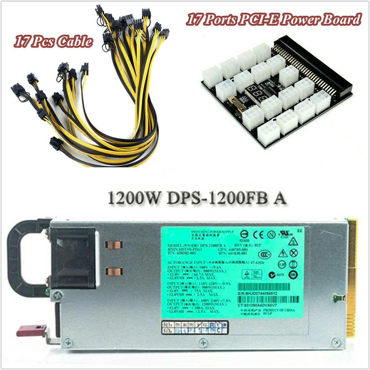 Paiying Paiying 1200W server power supply with 17-port breakout board and 20cm 6-pin to 8-pin cables — product photo