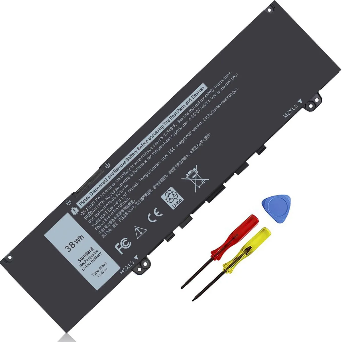Black rectangular laptop battery with two small screwdrivers and an instruction sheet