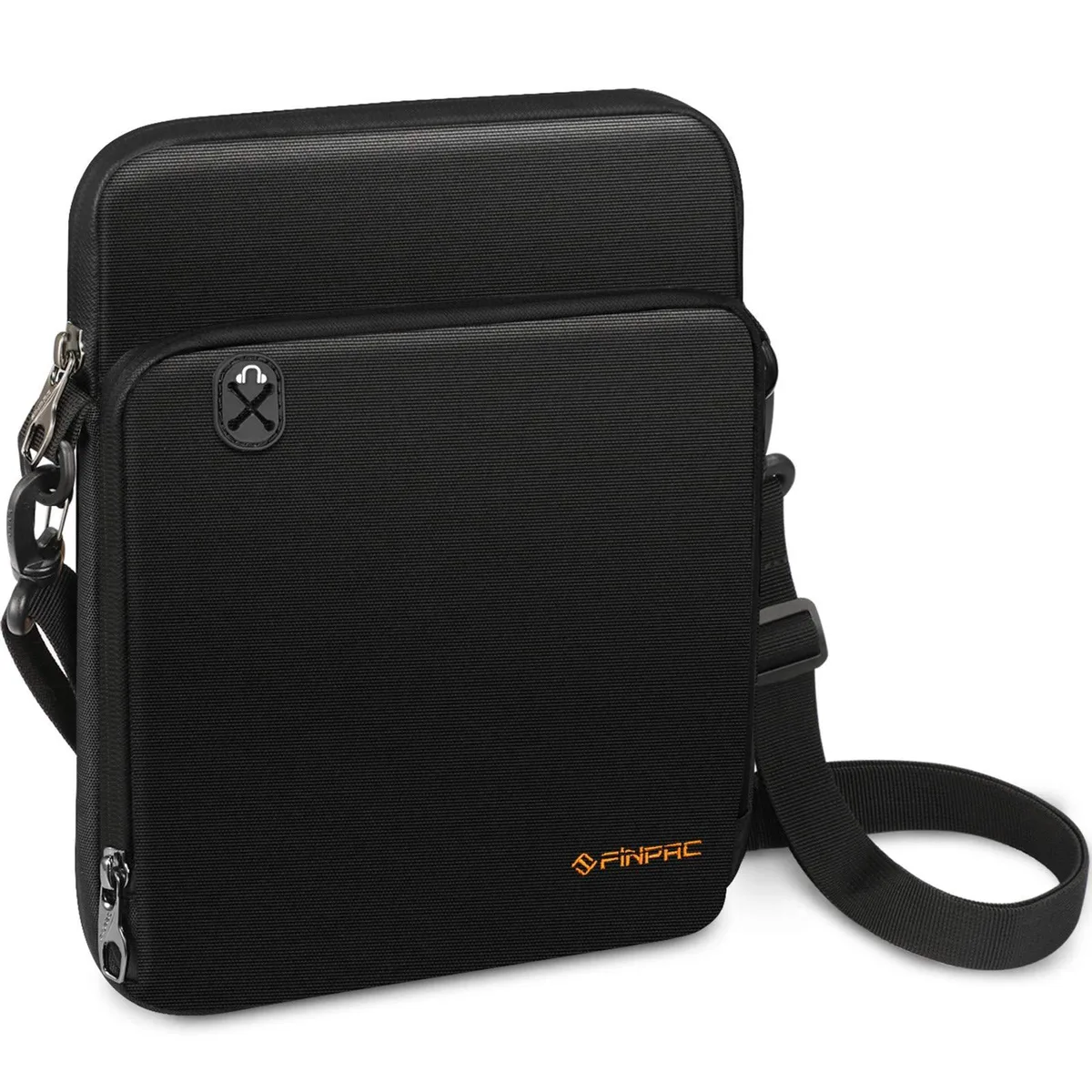 Black nylon 11 inch tablet sleeve with shoulder strap and front mesh pocket