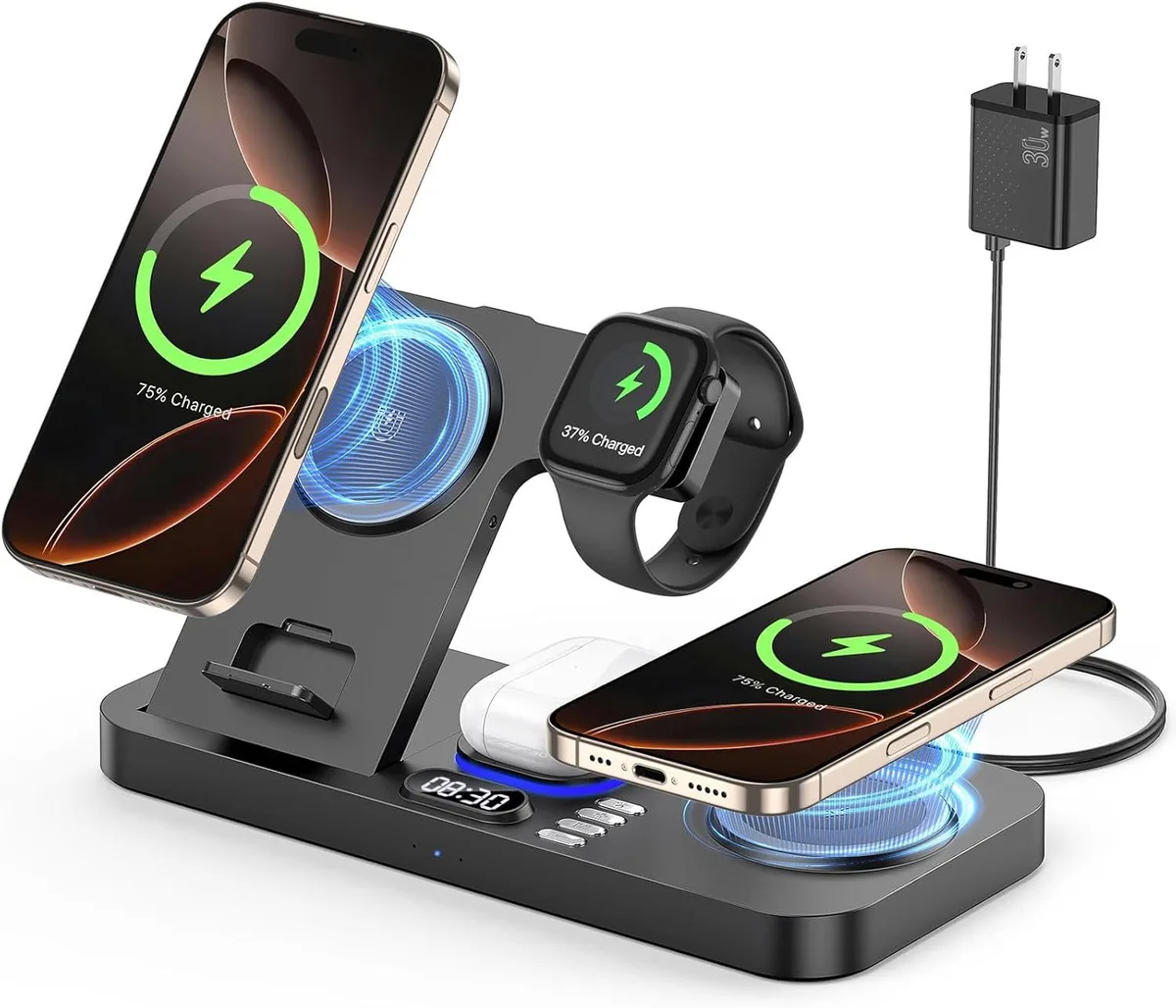 KINGARD KINGARD 2025 6 in 1 Wireless Charger 30W Clock 7-Color Night Light — product photo