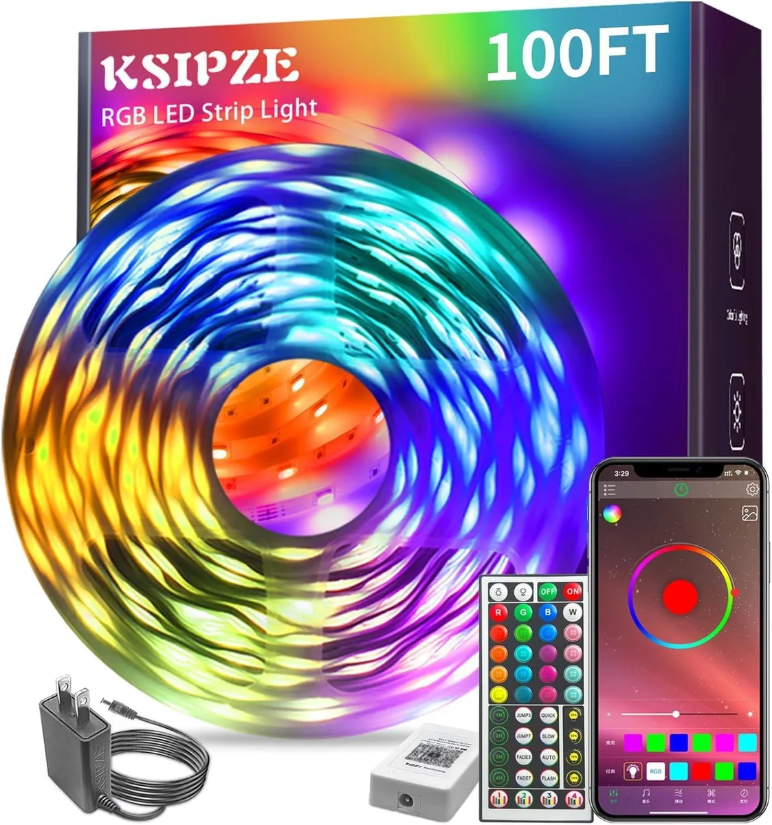 White 100 ft LED strip on reel with clear prismatic cover, adhesive backing, remote and control box
