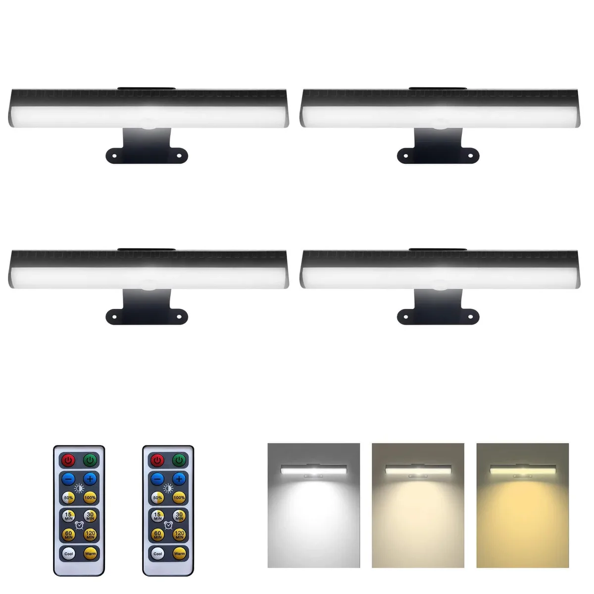 Four rectangular orange aluminium picture lights with magnetic brackets and two remote controls