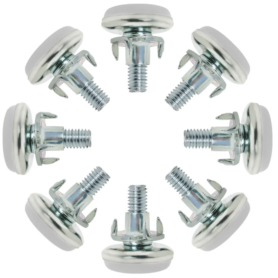 Eight M8 adjustable leveling feet with plastic bases and T-nuts