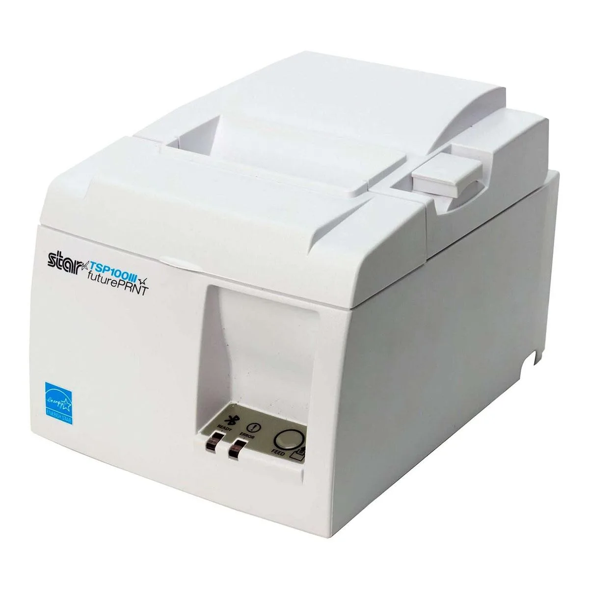 White thermal receipt printer with Bluetooth, compact boxy shape and integrated auto-cutter