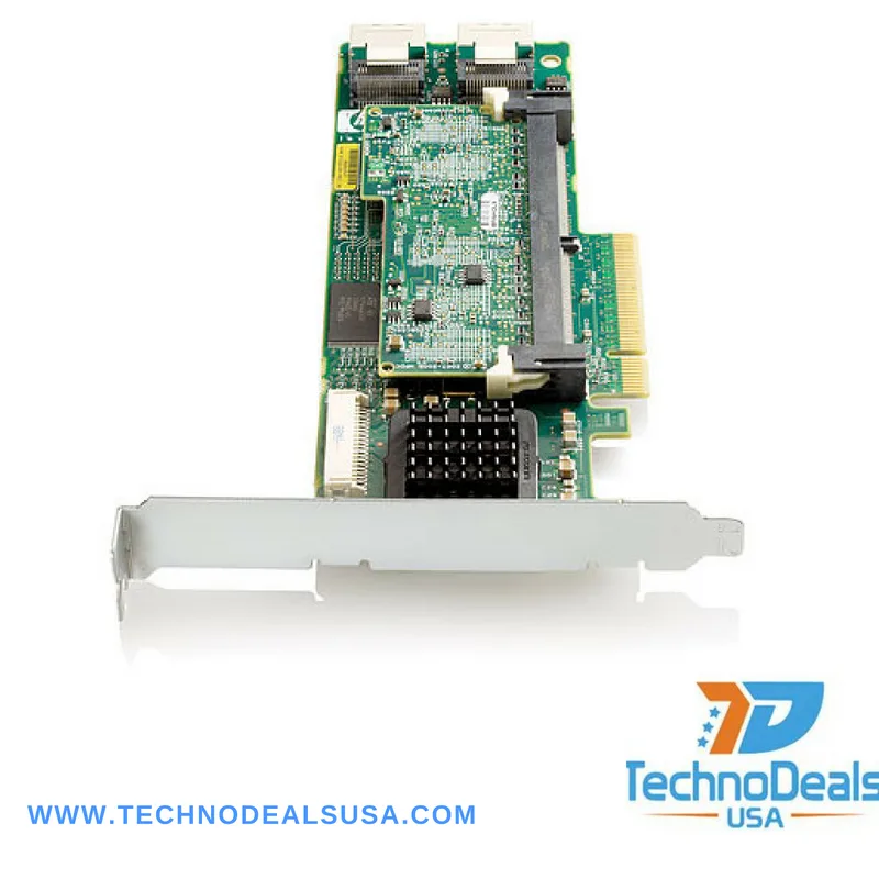Low-profile PCIe RAID card with two internal SAS ports, green PCB and metal bracket