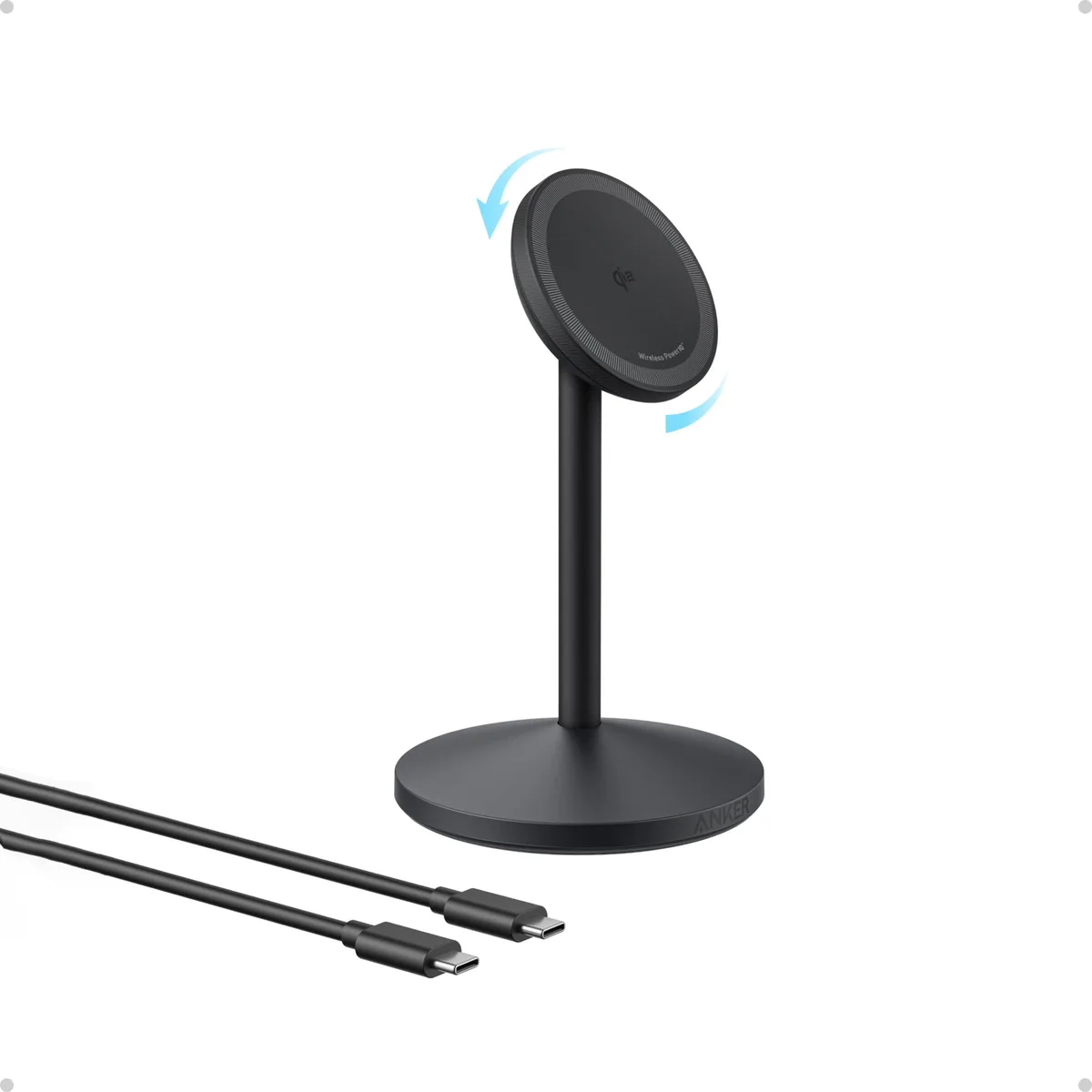 White magnetic charging stand with adjustable tilt and 360° rotating base