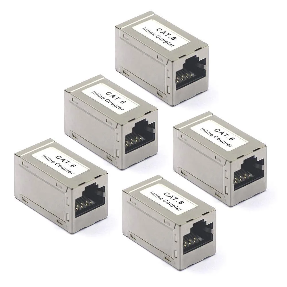 Five silver shielded RJ45 female-to-female couplers