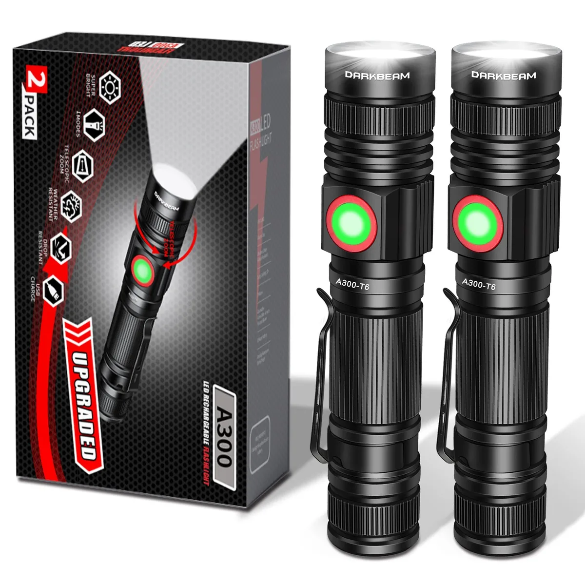 Two silver aluminium mini flashlights with USB cables, 4.84 by .9 inches each, 3.6 oz