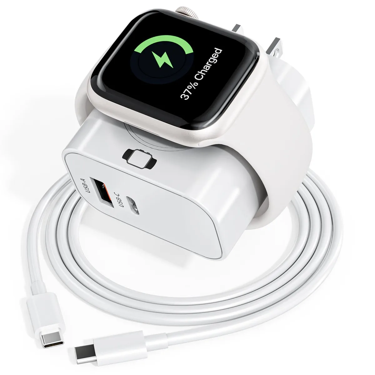 Compact white charger block with magnetic Apple Watch dock, USB-C and USB-A ports