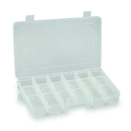 Clear plastic rectangular compartment box with 12 adjustable dividers creating up to 18 compartments