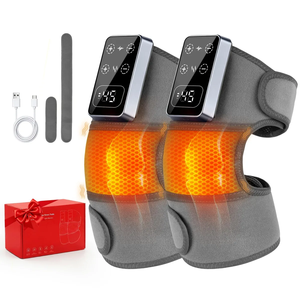 Two grey cordless knee wraps with LCD displays, folded flat showing fabric texture and adjustable straps