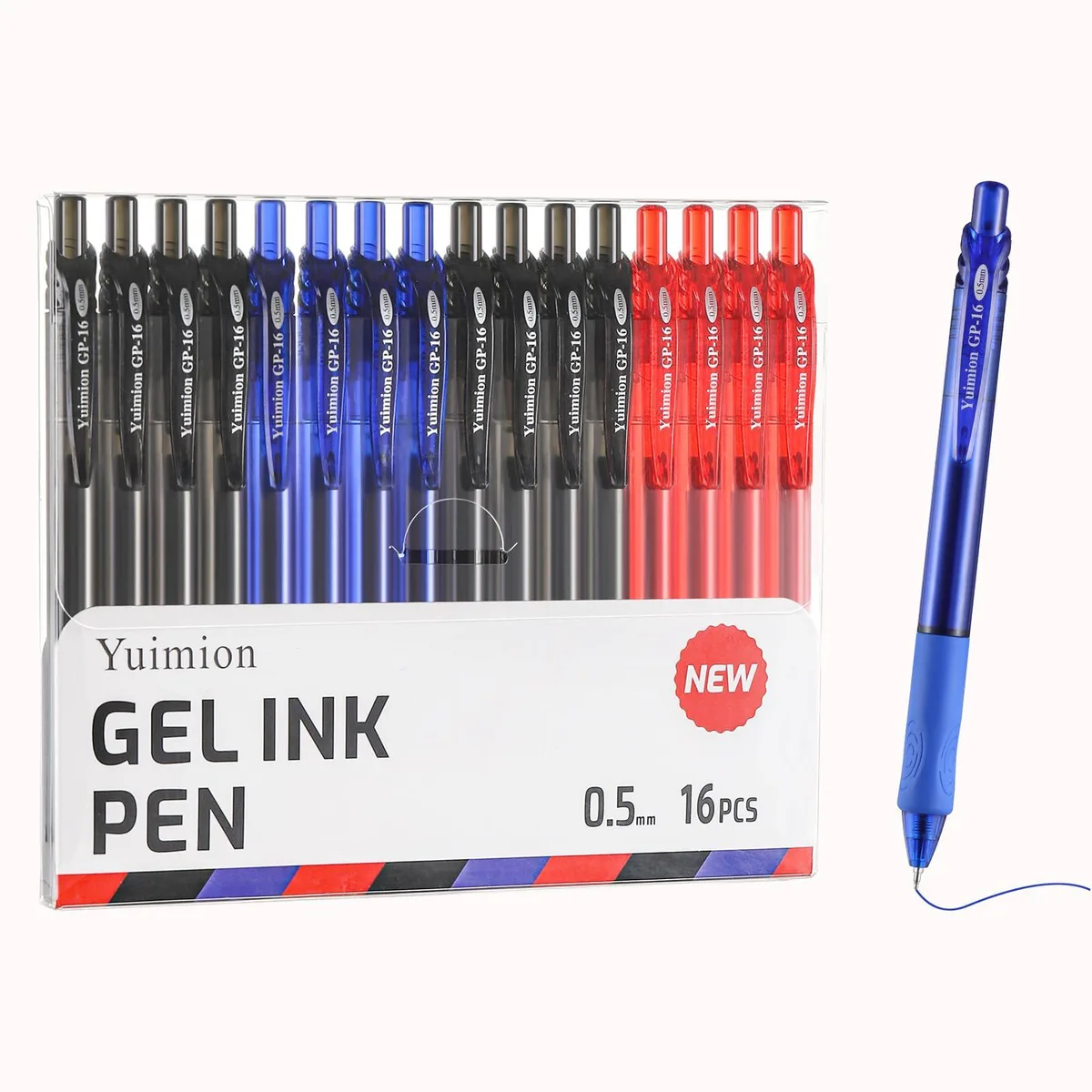  Yuimion Retractable Gel Pens 0.5mm 16 Pcs Black Red Blue — product photo