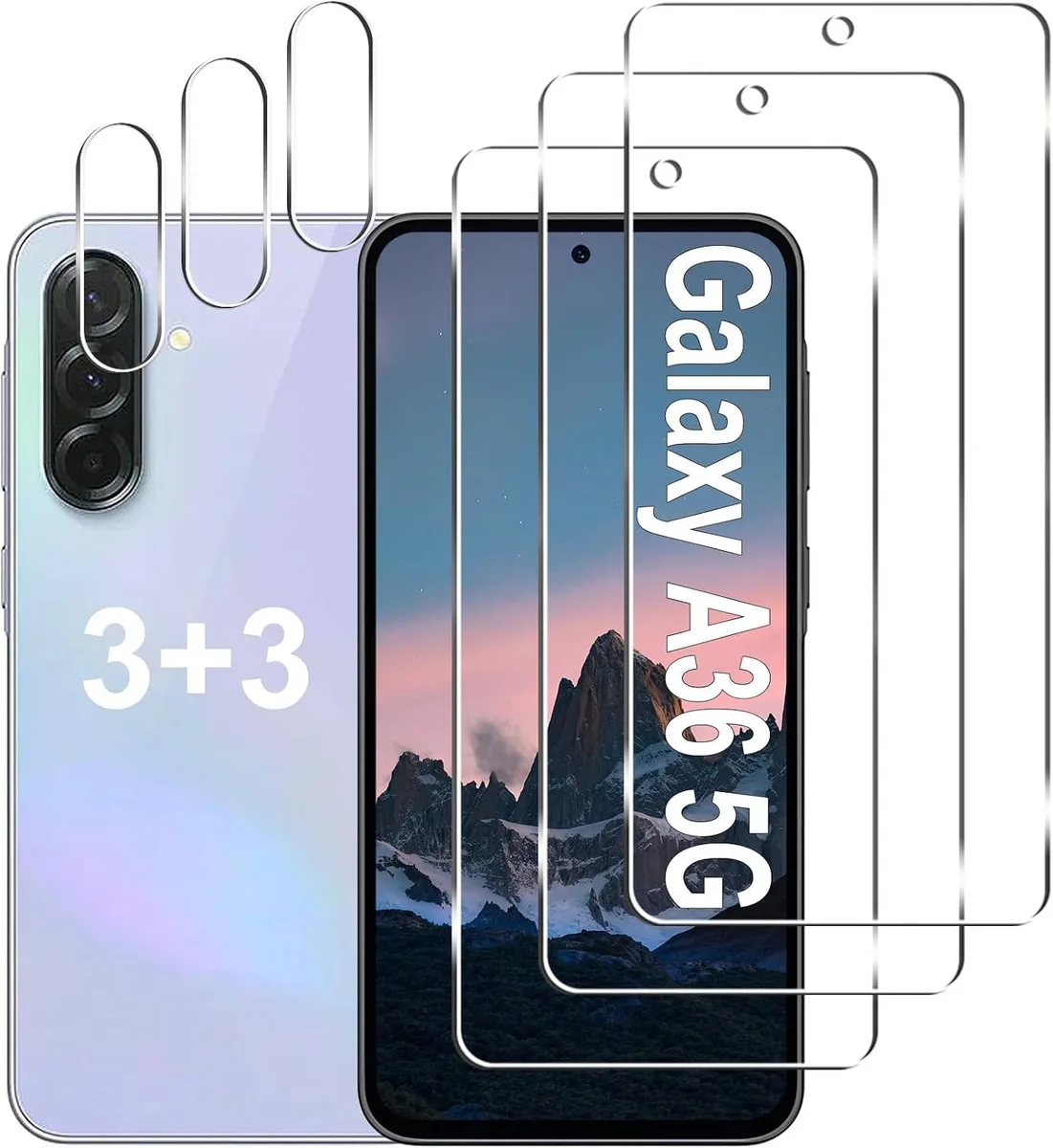 Three screen protectors and three camera lens protectors for Galaxy A36 5G