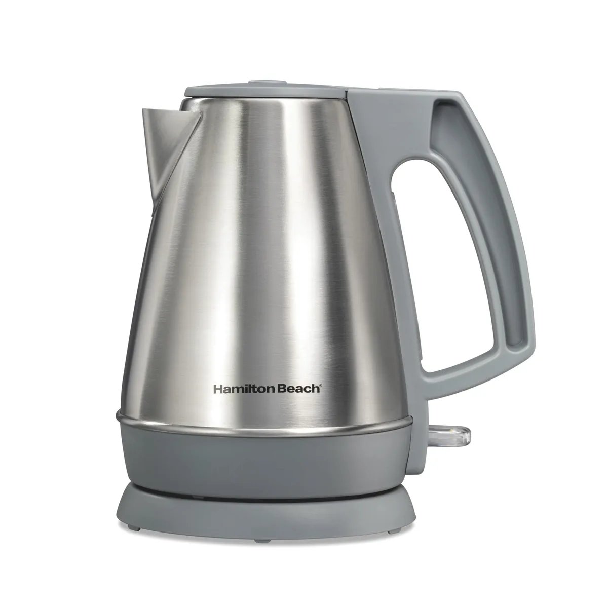 Stainless steel cordless electric kettle on power base, 1 litre capacity, water window visible