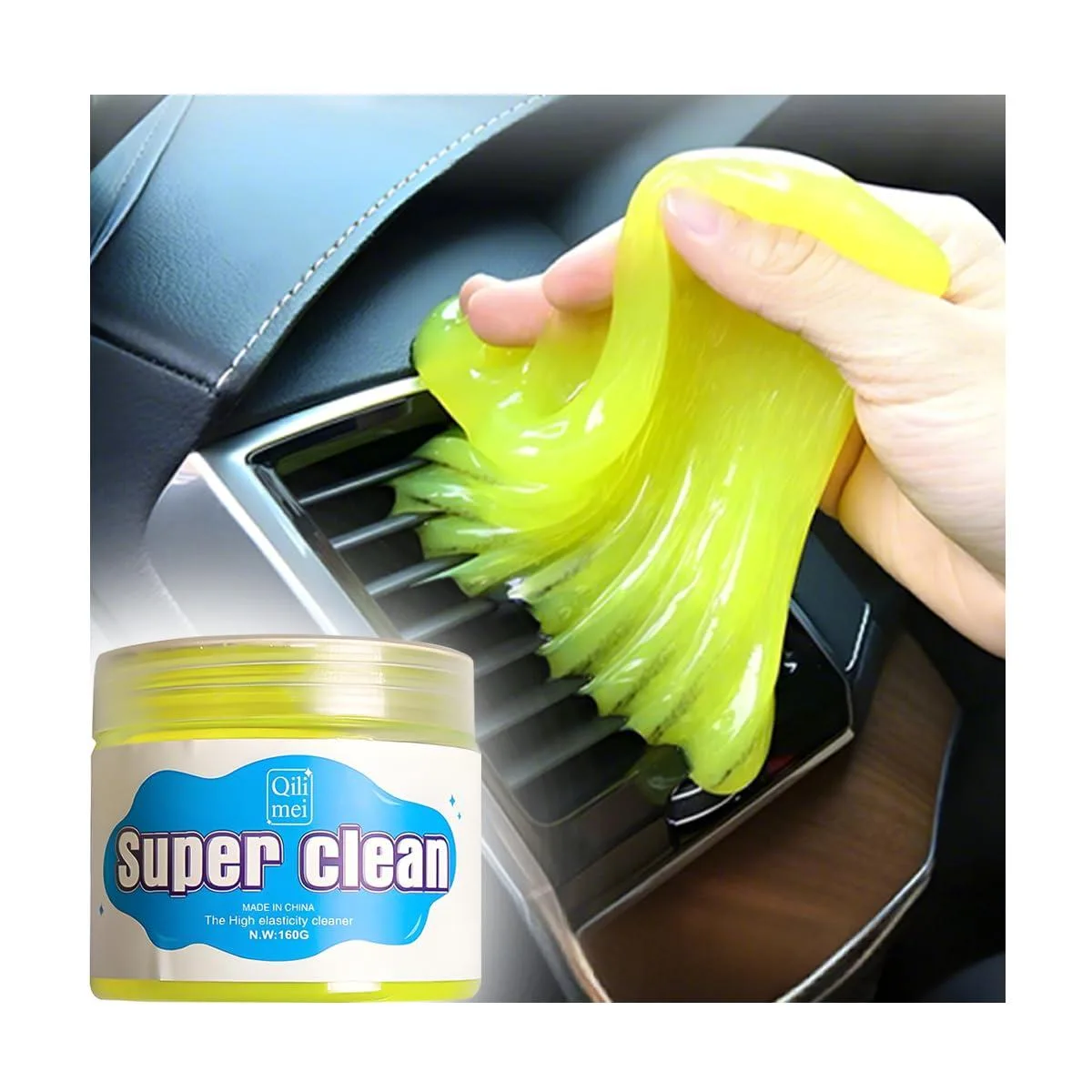 Yellow reusable cleaning gel in a small pot, soft rubber texture, 160 g