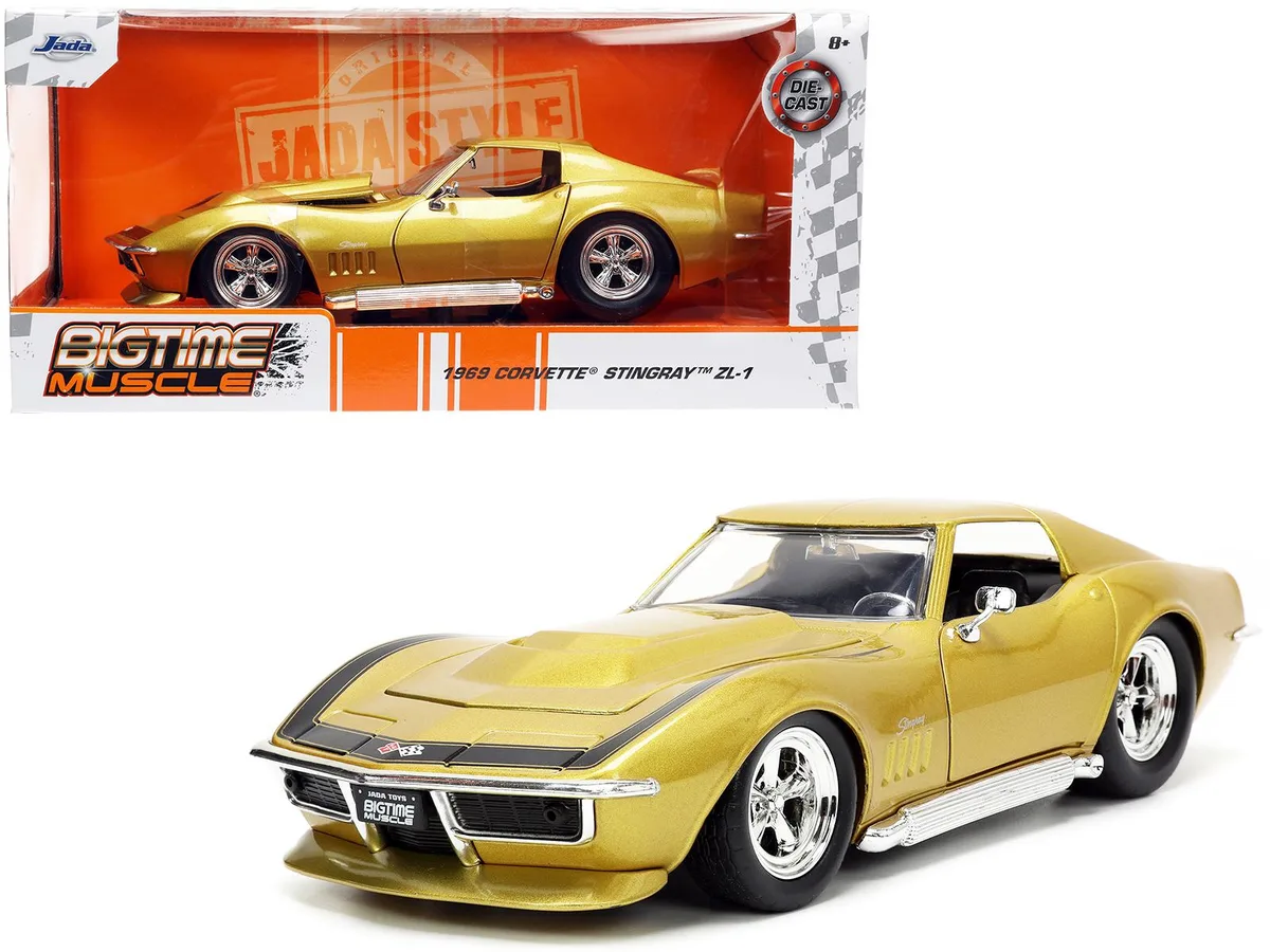 Jada Jada 1969 Chevrolet Corvette Stingray ZL-1 Gold Metallic Black Stripe Bigtime Muscle 1/24 Diecast — product photo
