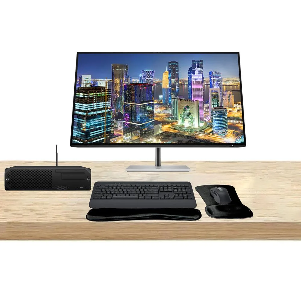 HP HP Z2 SFF G9 i7 64GB 1TB SSD RTX A2000 12GB 32" 4K Monitor MK650 T2U Plus Gel Pad — product photo