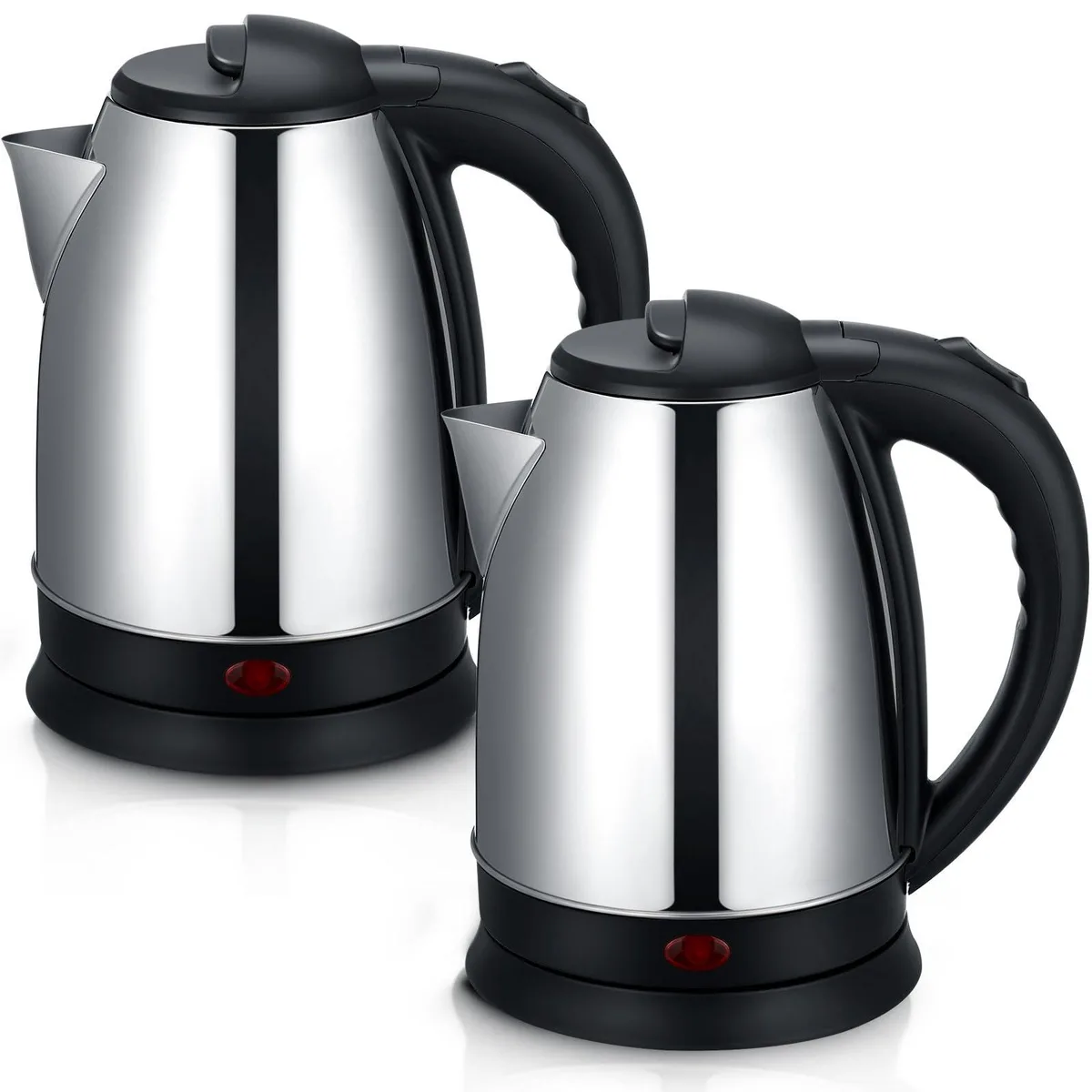 Two stainless steel 2L electric kettles on 360 degree bases