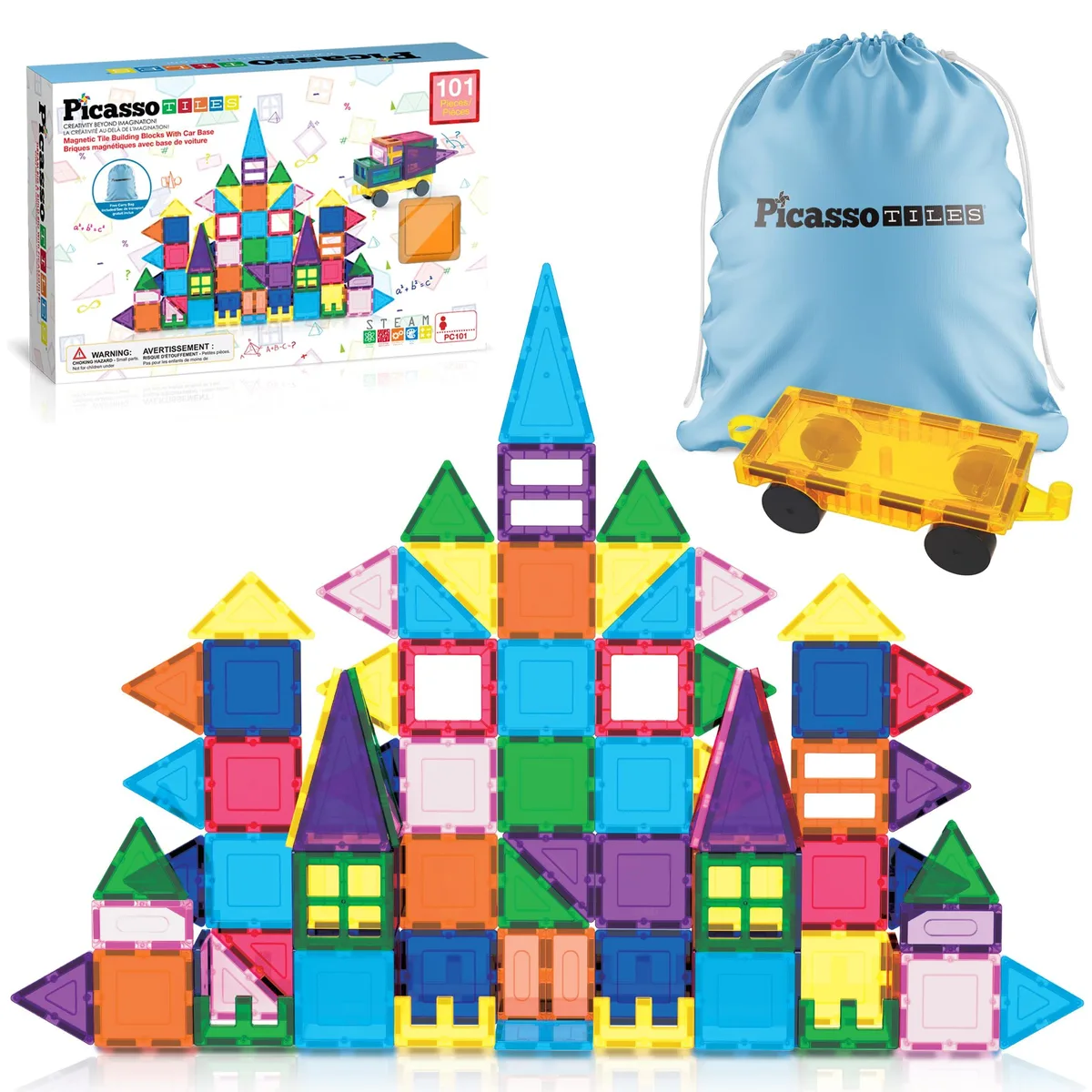 PicassoTiles 101-Piece Magnetic Tiles Set with Car & Bag — product photo