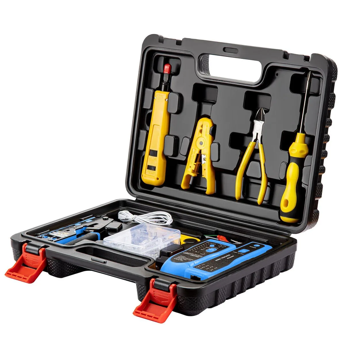 Blue Klein Tools case holding crimper, punchdown tool, wire tracker, stripper, connectors