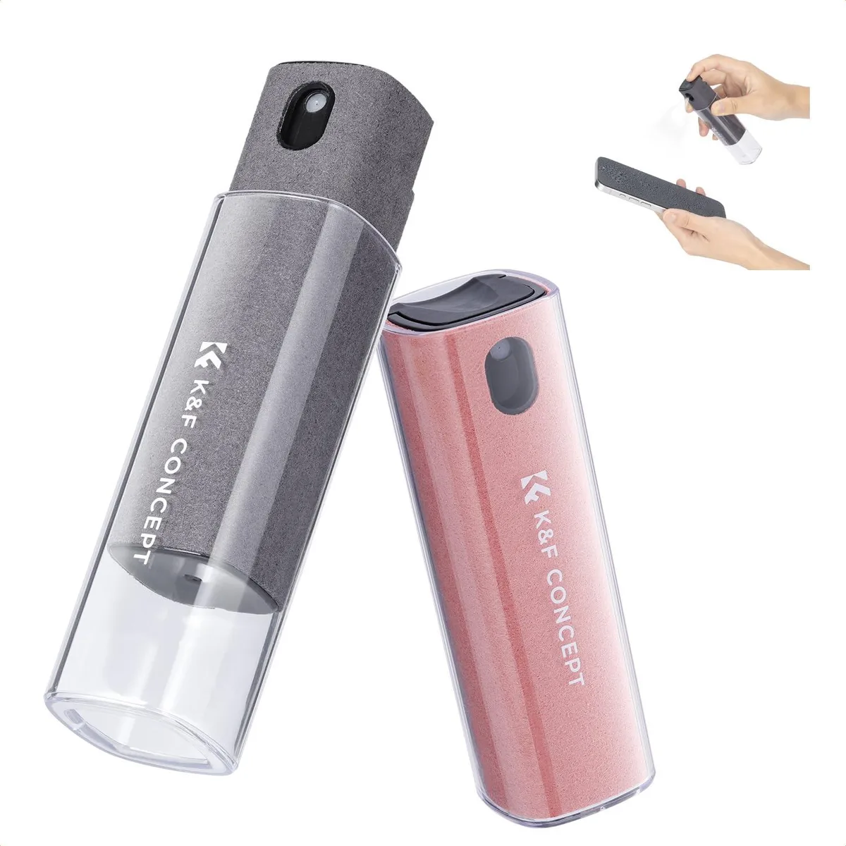Compact grey and pink spray bottle with integrated microfiber cloth cover