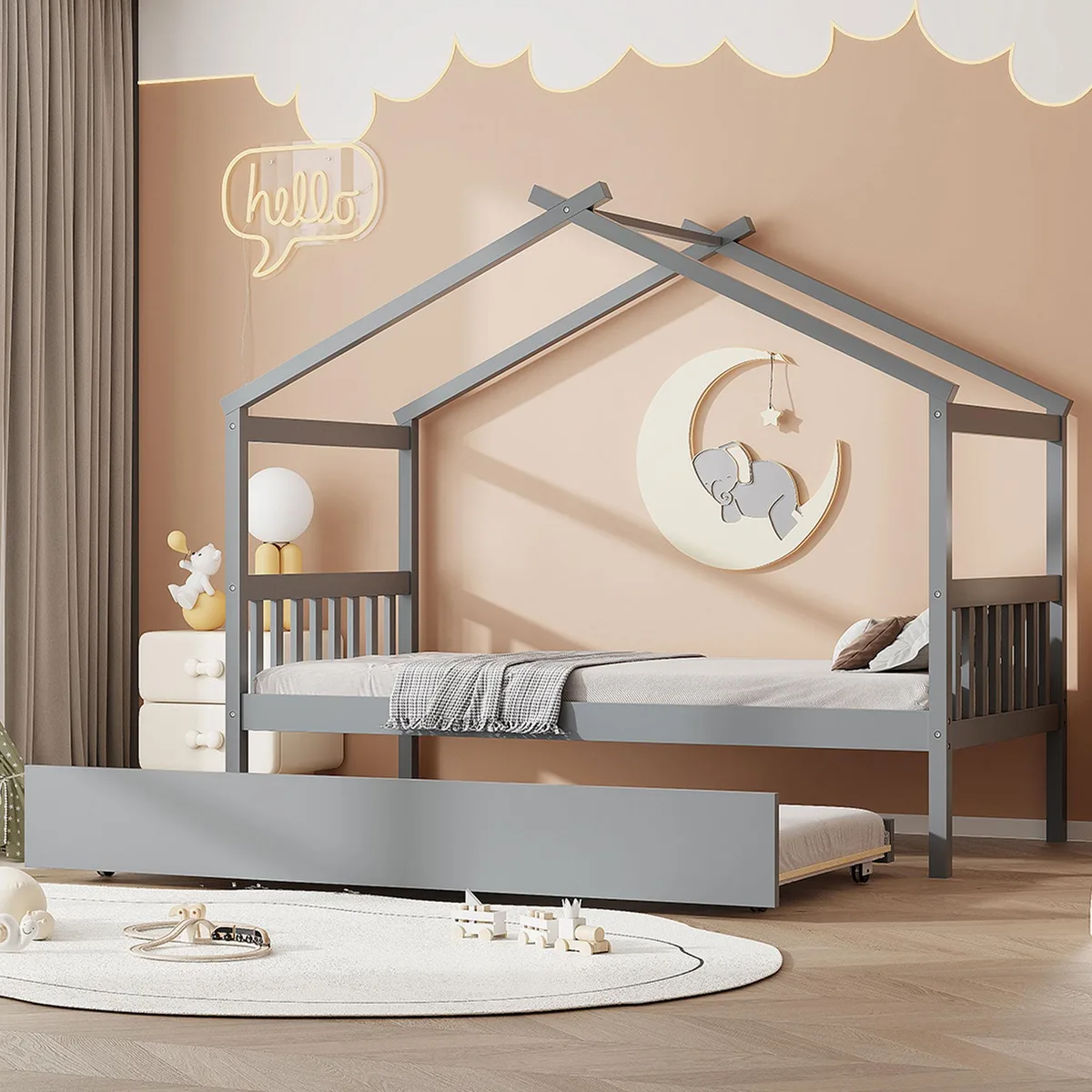 tuphen tuphen Twin House Bed with Trundle Gray 80.5x41.5x62.8 — product photo