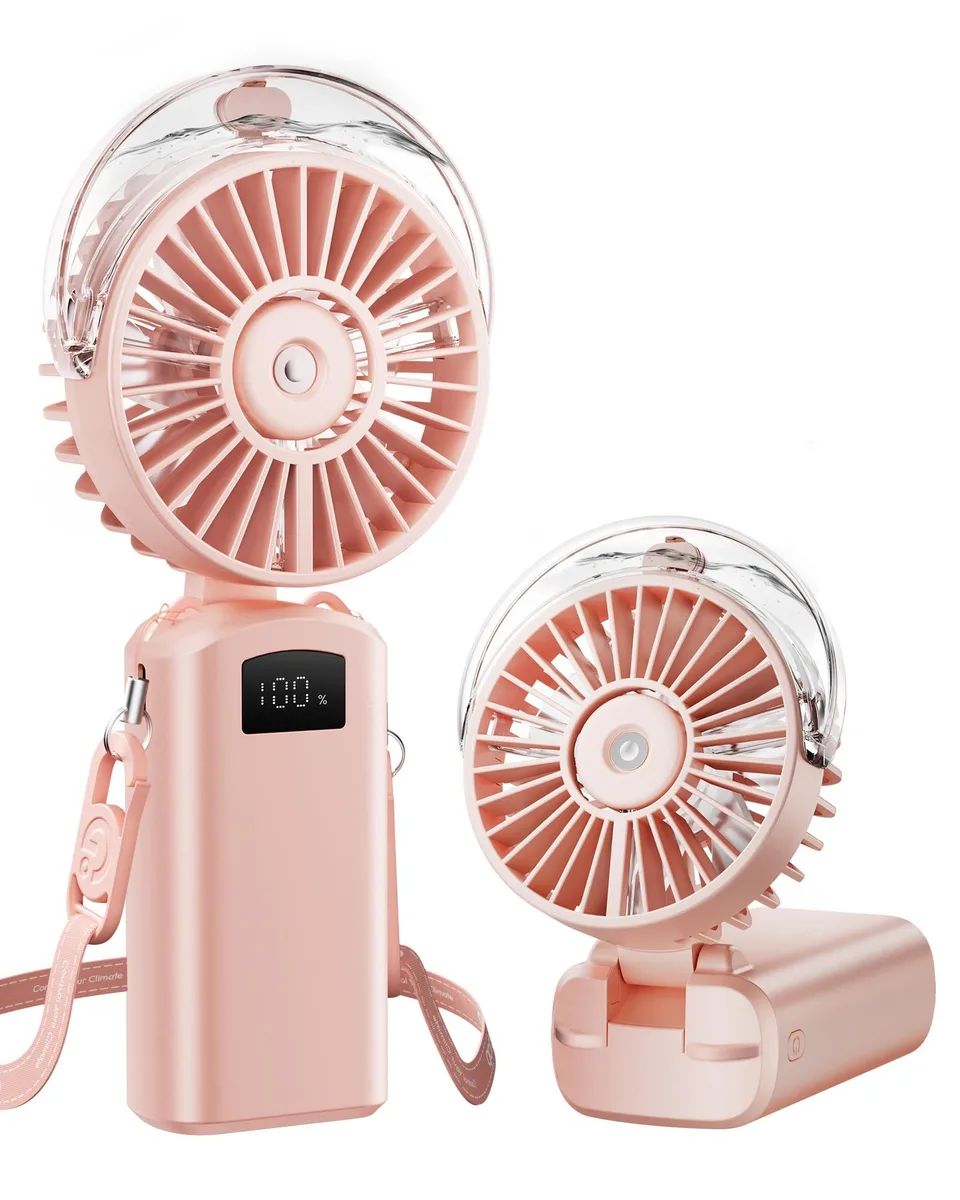 Pink foldable handheld misting fan with silver finish, LED display, and lanyard, shown open at 180 degrees