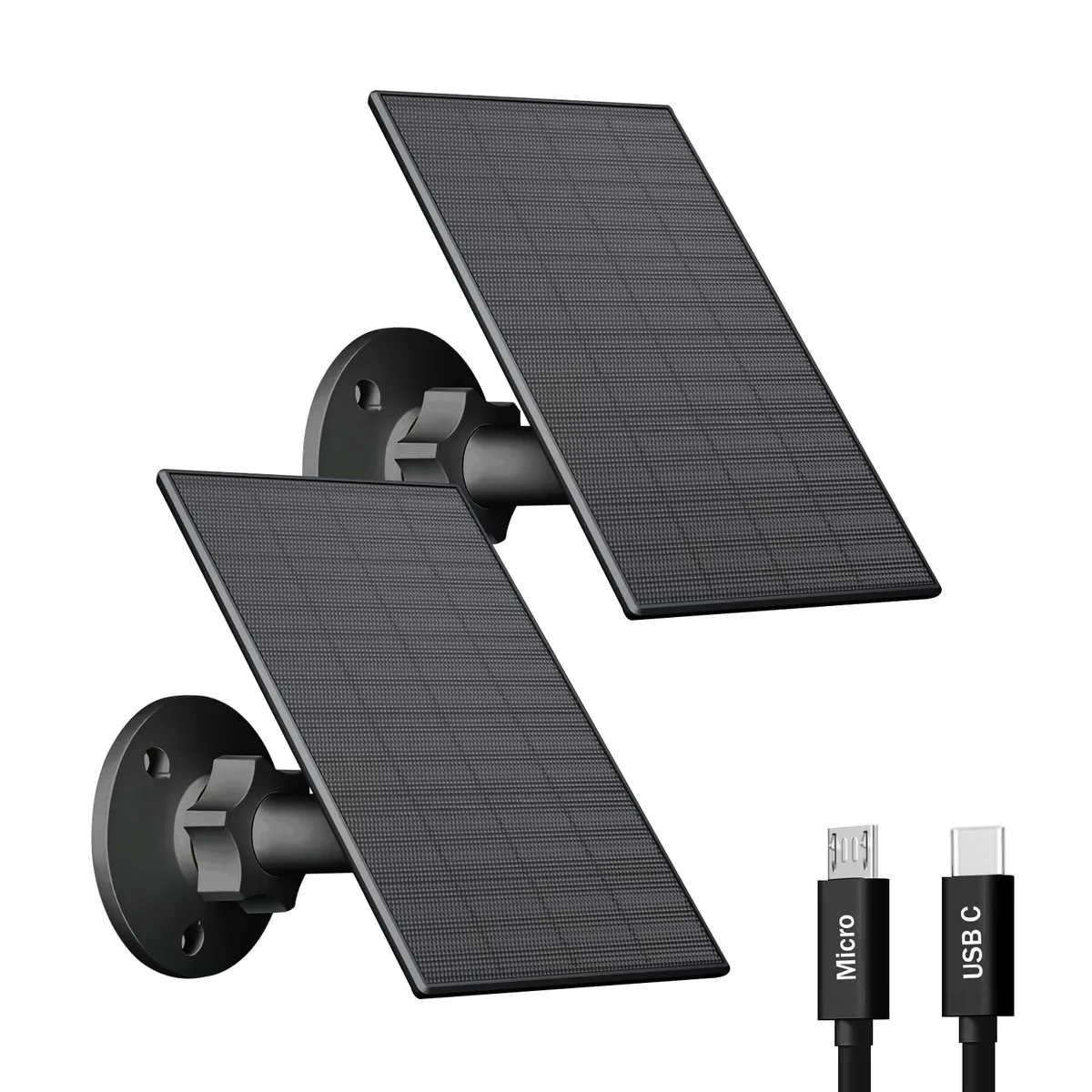 Two matte black rectangular solar panels with adjustable mounts and cables