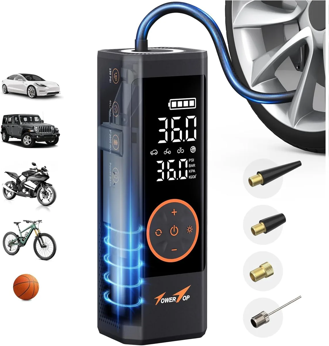 Portable cordless air compressor with dual LCD screen, 15.75-inch hose, LED light and carry case