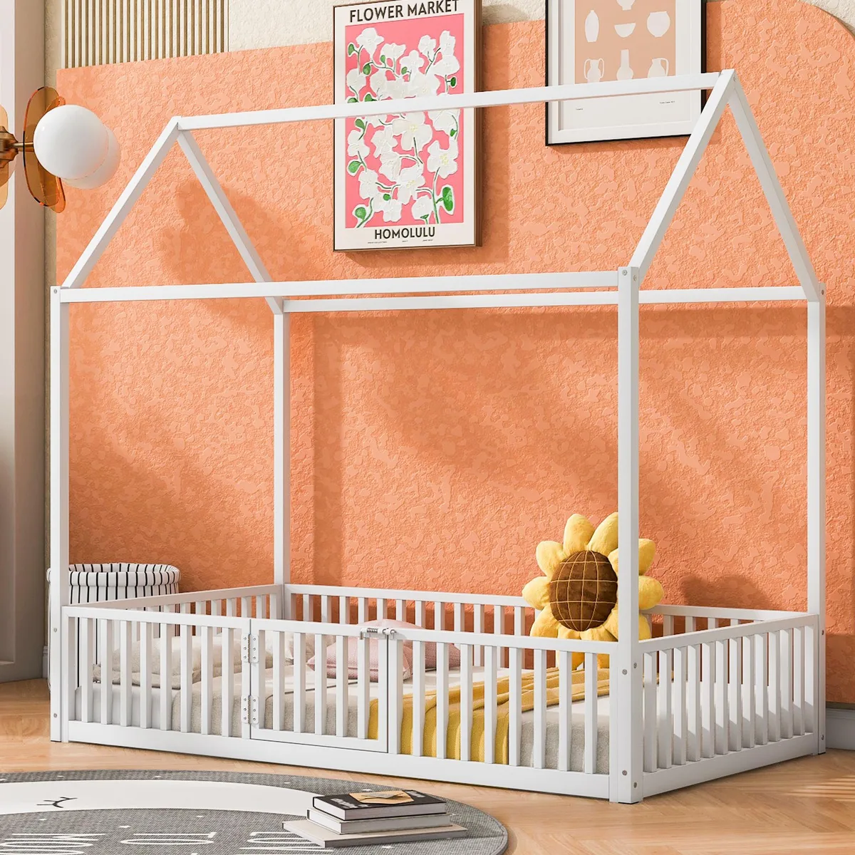 tuphen tuphen Twin House Bed with Fence and Door White — product photo