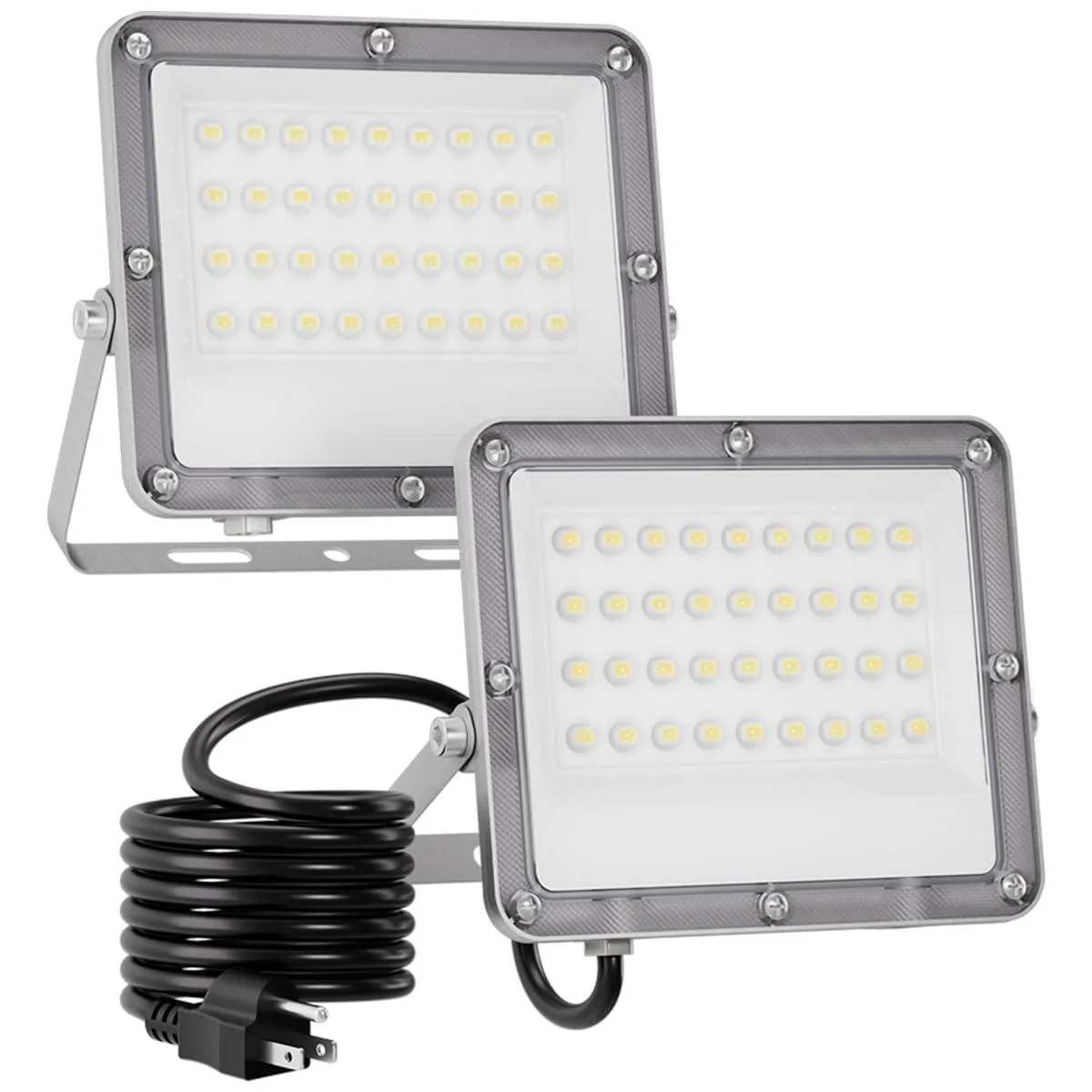 Two gray aluminum LED floodlights with 5.9ft cords and US plugs