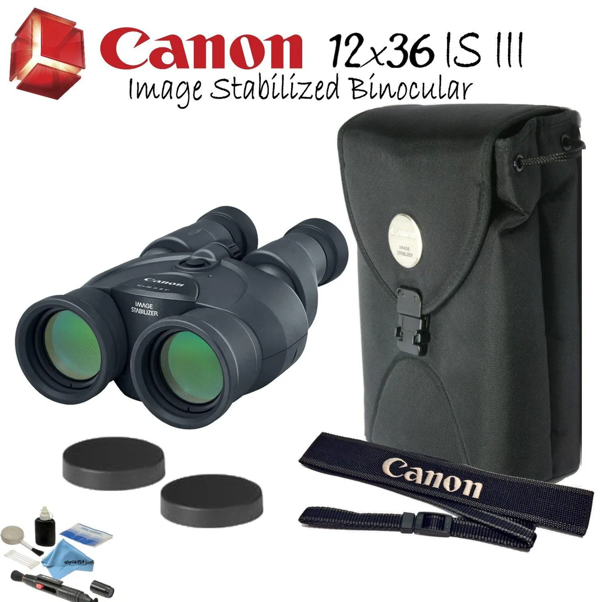 Canon Canon 12x36 IS III binocular with case strap batteries and cleaning kit — product photo