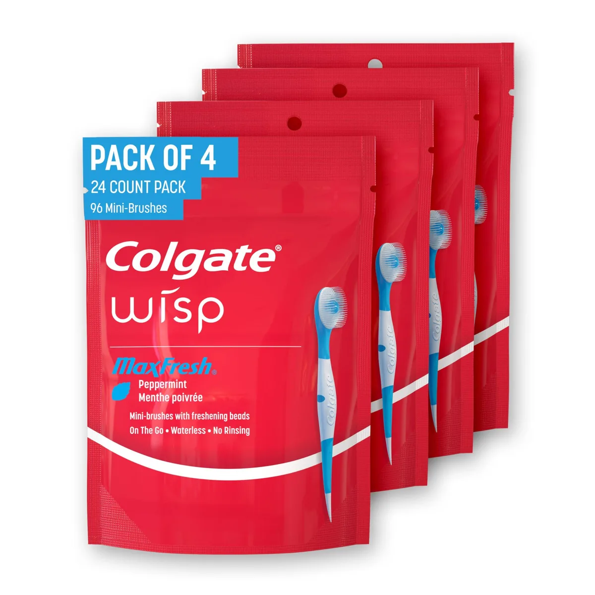 Pack of 24 blue disposable mini toothbrushes with peppermint bead