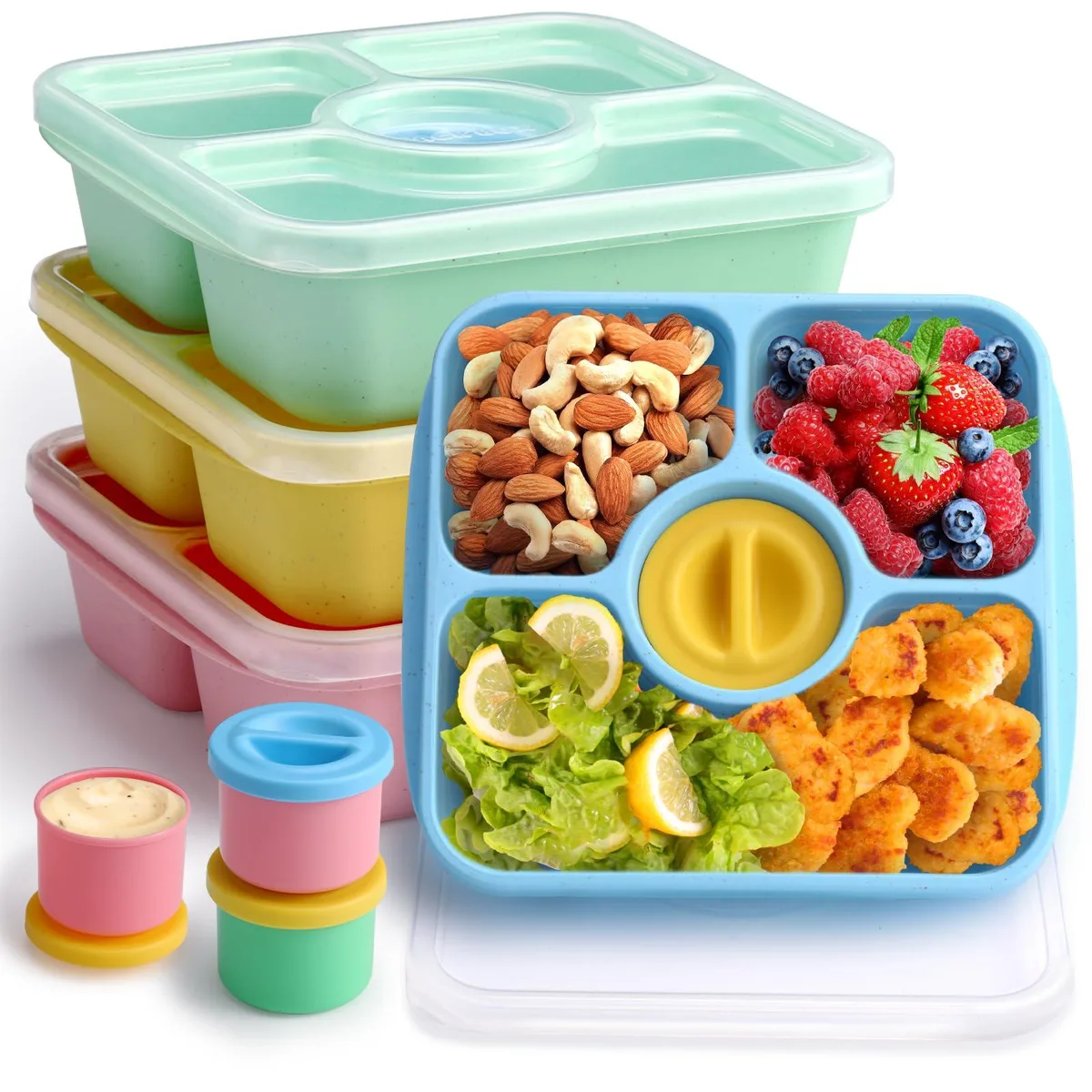 Four square clear-lidded plastic boxes with pastel bases and cat-ear handles, plus four small sauce cups