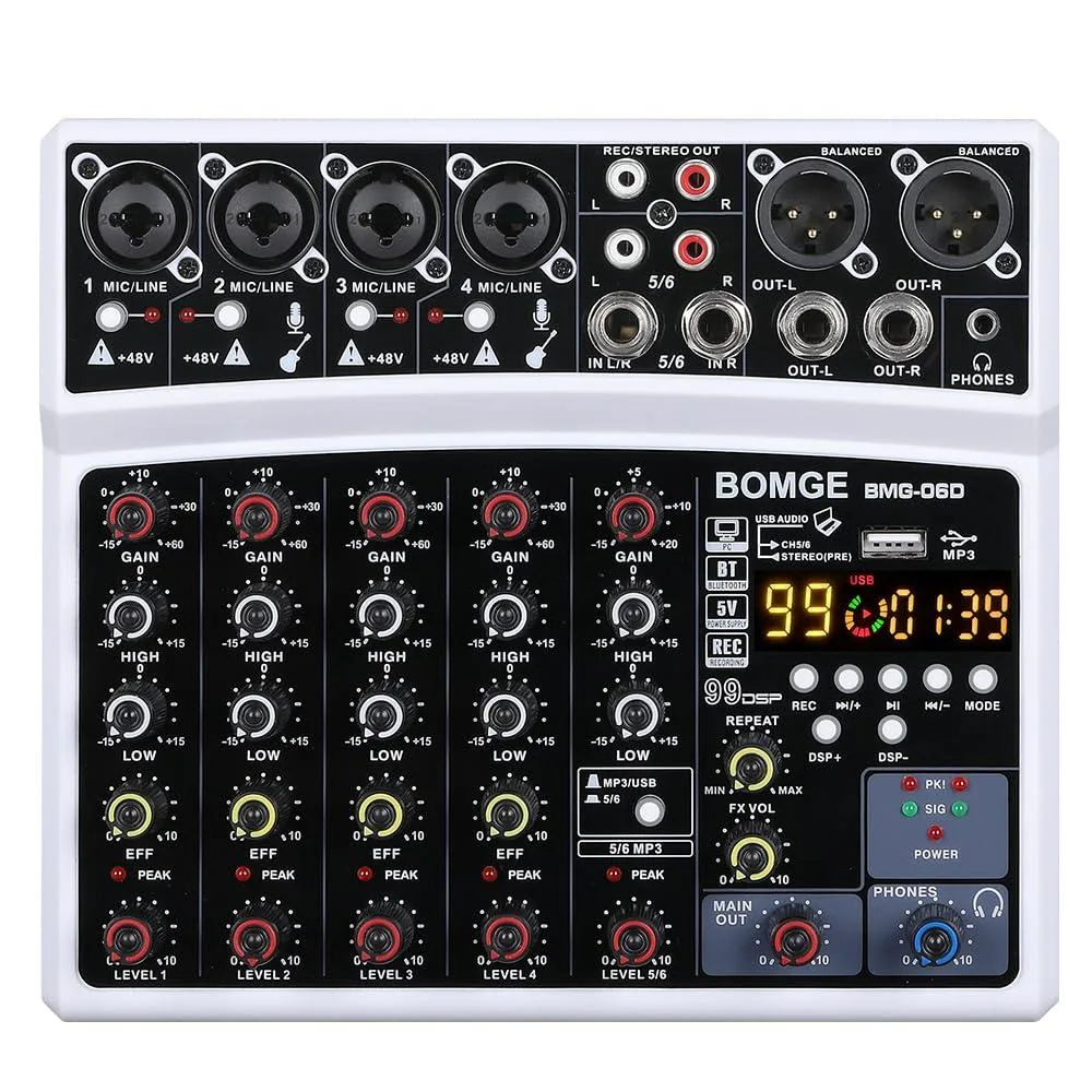  BOMGE 06D 6 Channel Audio Mixer White Bluetooth5.0 99 DSP 48V — product photo