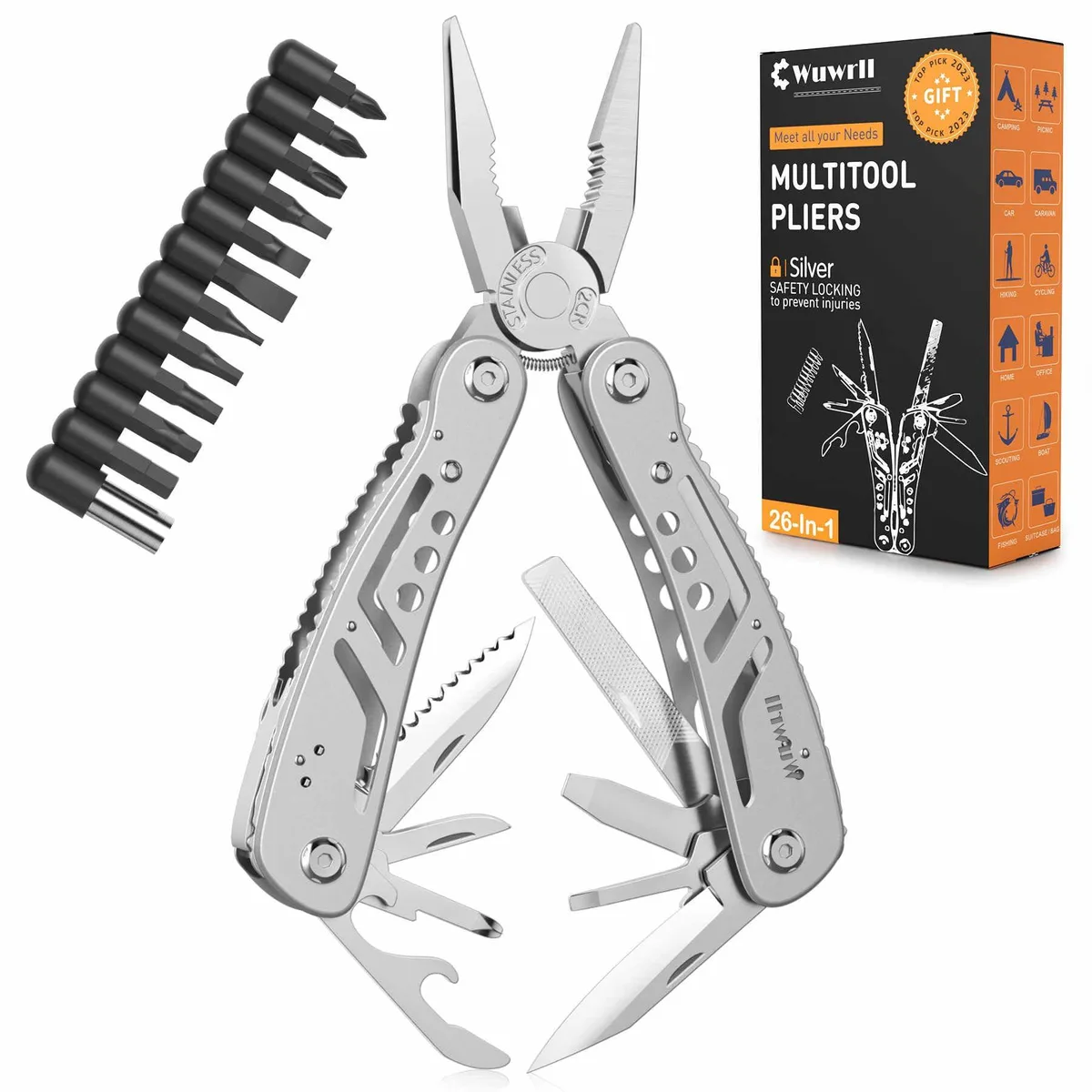 Compact folding multitool with pliers, knife, bits, silvery steel finish, nylon sheath