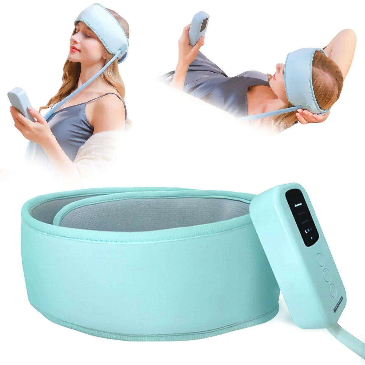 Blue electric head massager with wrap-around design, 96 nodes, 480g