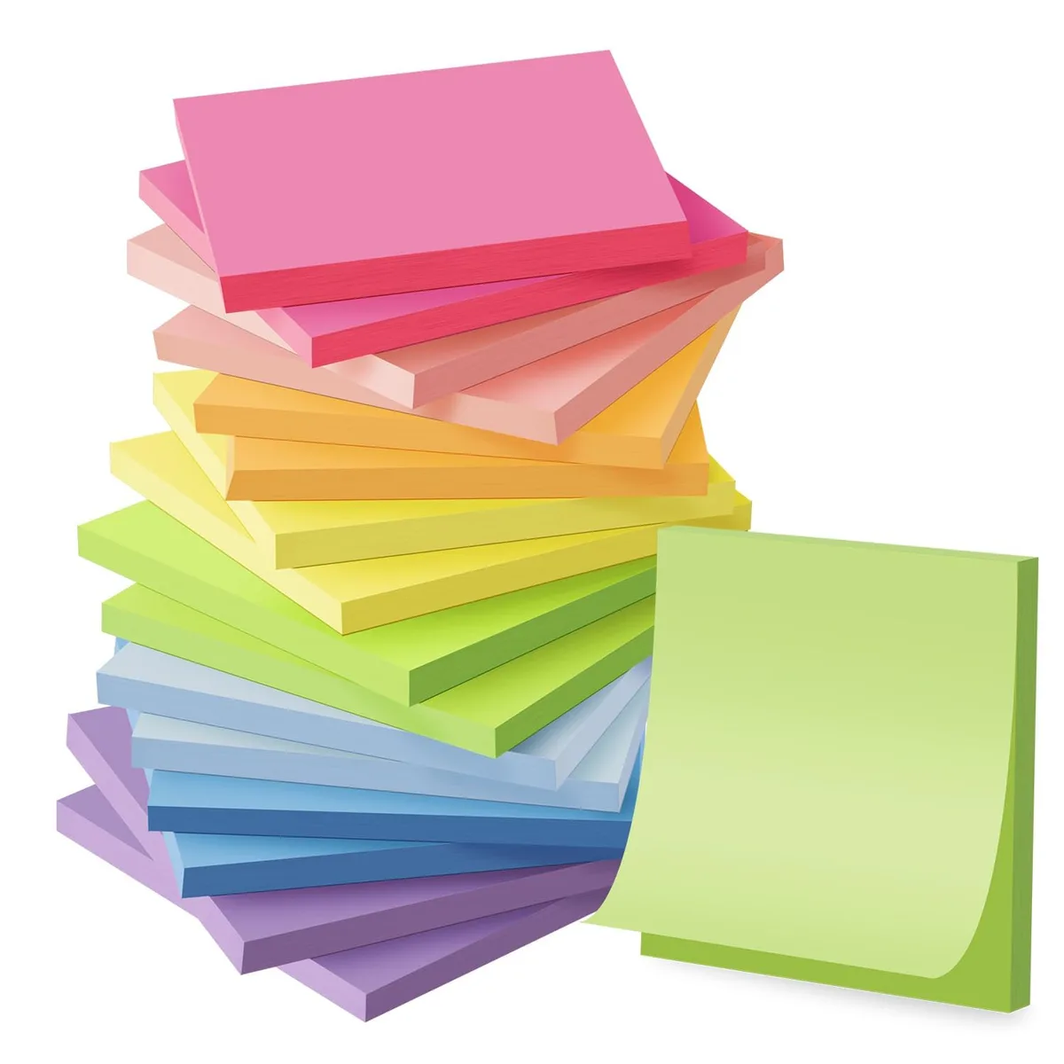 Sixteen square sticky-note pads in bright colours, 3 by 3 inches