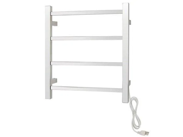 Polished chrome wall-mounted towel warmer with four square bars and plug-in cord
