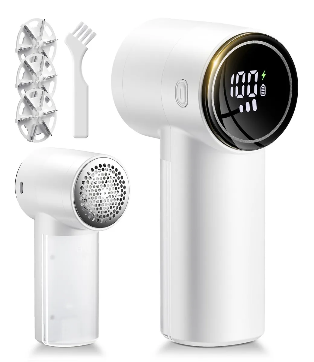 Pearl white fabric shaver with LCD display and six blades