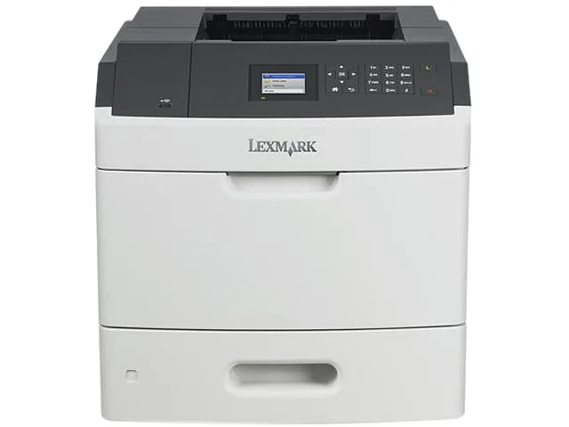 Large matte-grey office laser printer with front paper trays and a small colour display