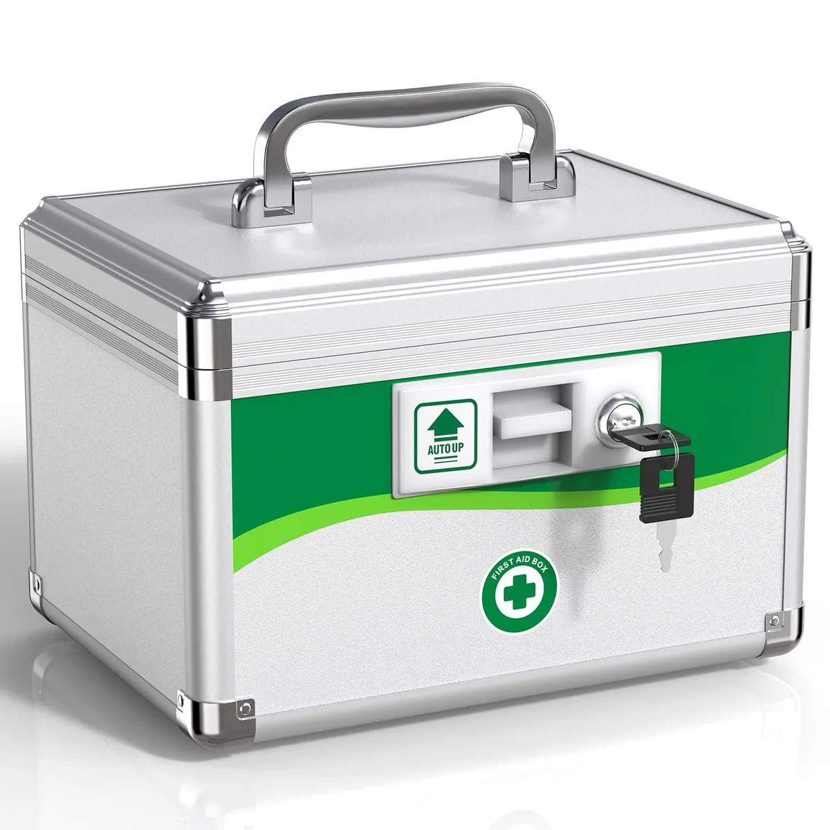 Small silver aluminium tool box with carry handle and key lock